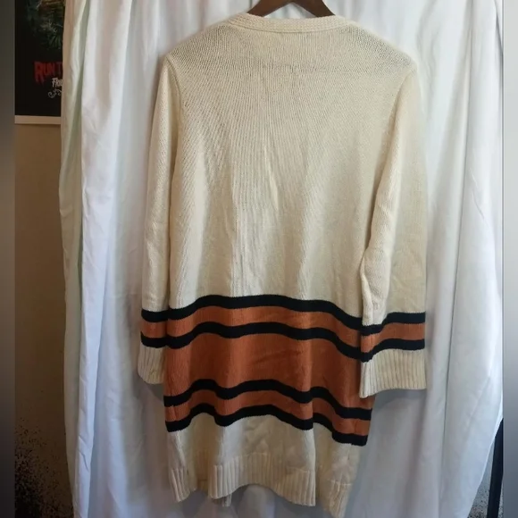 Cream Open Front Cardigan Rust Black Stripes Native Long Southwest Large Pockets - Picture 2 of 6